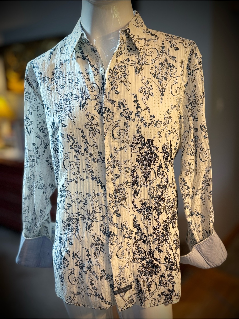 English Laundry White Shirt with Navy Floral Scroll Print